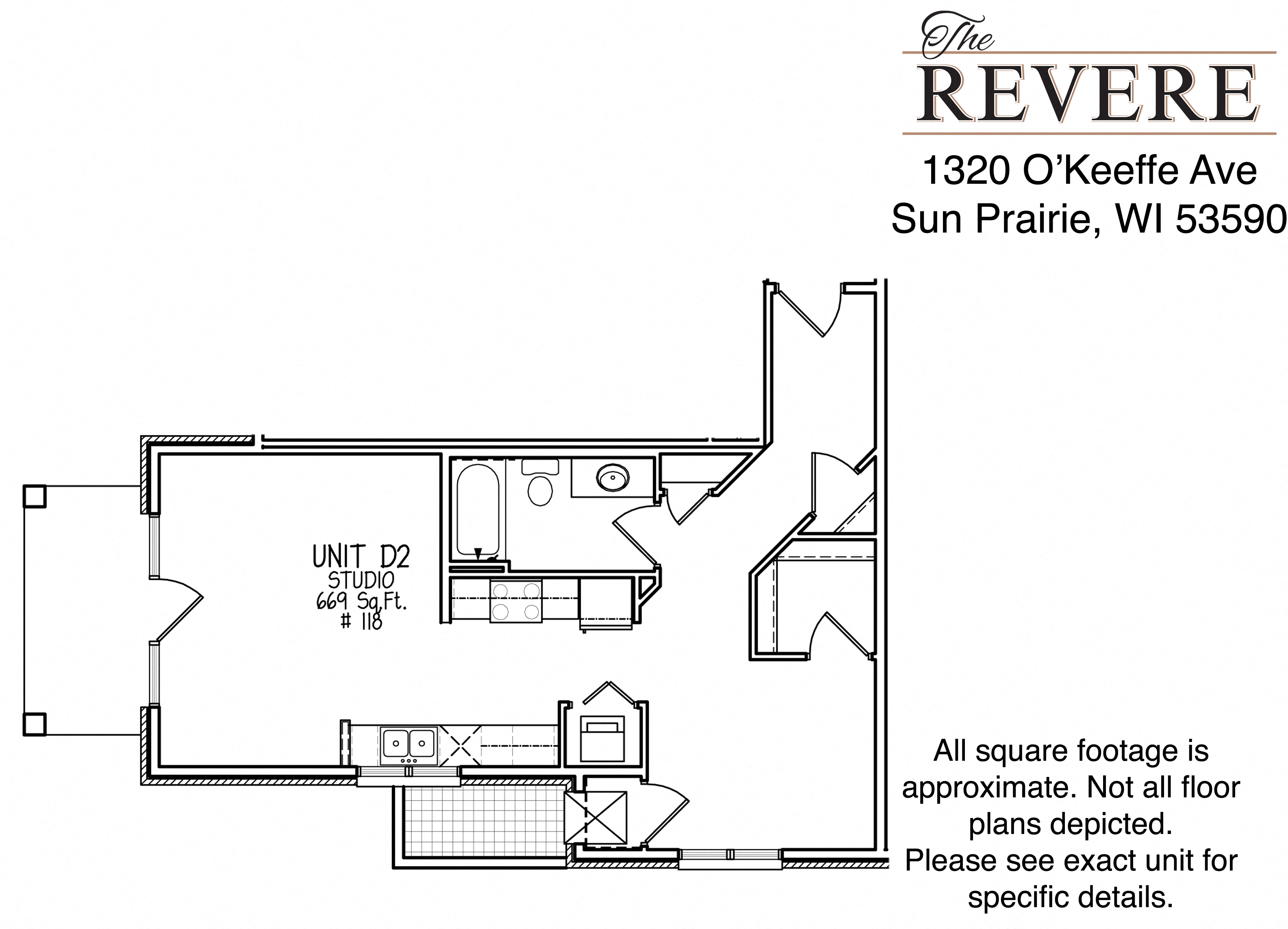 Floor plan for 1 bed, 1 bath, 669 sqft